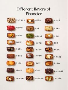 different flavors of food are arranged in the shape of squares