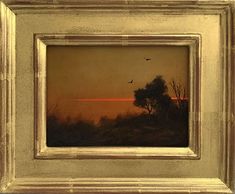 an oil painting of a sunset with birds flying over the horizon and trees in the foreground