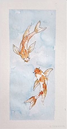 two orange and white koi fish flying in the sky with blue watercolors