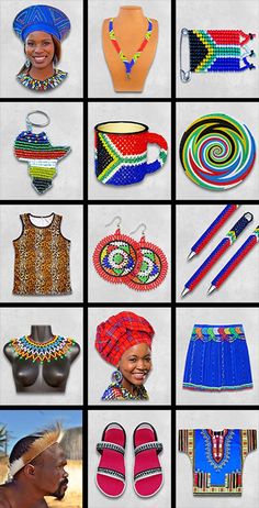 many different types of african clothing and accessories are shown in this image, including sandals, headbands, necklaces, earrings, bracelets, and more