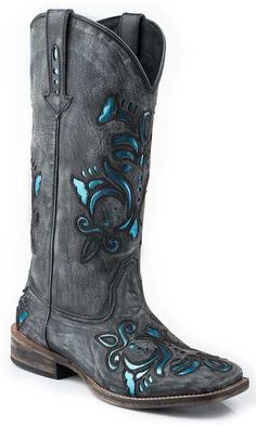 Roper Women's Shiny Turquoise Inlay Western Boots - Broad Square Toe Cowgirl Boots Square Toe, Cowgirl Boots Wedding, Leather Inlay, Square Toe Cowboy Boots, Womens Cowgirl Boots, Perfect Wedding Shoes, Wedding Shoes Comfortable, Wedding Boots, Boots Square Toe