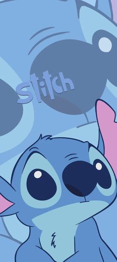 the stitch character is sitting in front of a blue and pink background with words on it