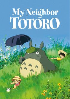 the book cover for my niga totoro is laying in the grass with two people under an umbrella