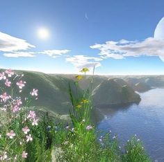 the sun shines brightly in the sky over a body of water with wildflowers