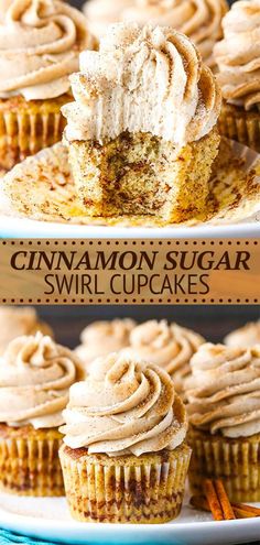 cinnamon sugar swirl cupcakes on a white plate