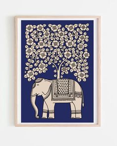 an elephant is standing under a tree with flowers on it's trunk, in front of a blue background