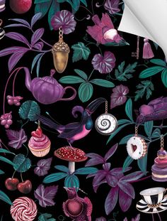 a black background with purple and pink flowers, leaves, cupcakes, mushrooms, acorns and other things on it