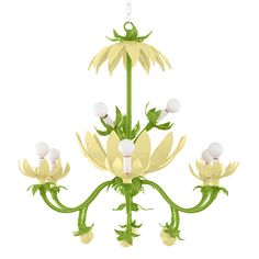 a chandelier with yellow flowers hanging from it's sides and green stems