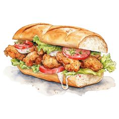 a watercolor drawing of a chicken sandwich with lettuce and tomatoes