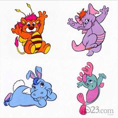 four different colored cartoon animals on a white background