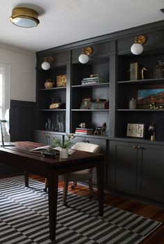 an office with built in bookshelves and desk