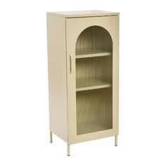 a white cabinet with an arched door on the front and bottom shelf is shown against a white background