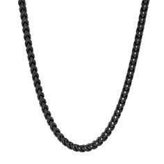 "Add a fresh new element to your daily look with this black ion-plated stainless steel franco link chain necklace. Add a fresh new element to your daily look with this black ion-plated stainless steel franco link chain necklace. Chain length: 24 in. Chain type: franco Clasp: lobster-claw Metal: stainless steel Plating: black ion-plated Finish: polished, satin Size: 24"". Gender: male. Age Group: adult." Black Metal Curb Chain Necklace, Black Link Stainless Steel Necklaces, Black Cuban Link Chain Necklace Gift, Black Stainless Steel Chain Necklace With Adjustable Chain, Modern Black Link Necklace, Modern Black Necklace With Curb Chain, Black Stainless Steel Chain Link Necklace, Black Box Chain Necklace, Black Cuban Link Stainless Steel Necklace