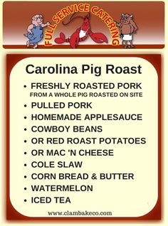 the carolina pig roast menu is shown