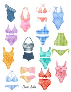 watercolor bathing suits and bikinis are shown