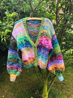 a multicolored sweater hanging on a tree in front of some bushes and trees