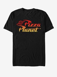 a black t - shirt with the word pizza planet printed on it and a red, yellow