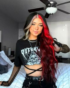 One Side Money Piece Hair Color, Hair Color Ideas For Black Hair Money Piece, Hair Color Ideas Dyed, Colored Hair With Money Piece, Hair Ideas For Brunettes Medium Length, Bright Red Money Piece Hair, Black Hair On Pale Skin, Panel Hair Color, Blonde Hair With Money Piece Color