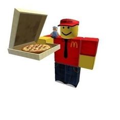 a lego man holding a box with a pizza in it