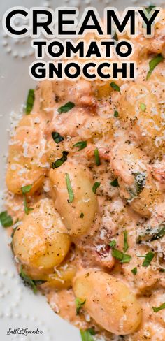 creamy tomato gnocchi with parmesan cheese and herbs in a white bowl