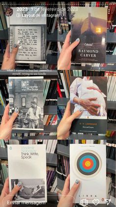 hands holding up several books in front of a book shelf filled with many different types of books