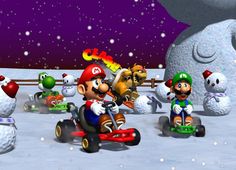 mario kart racing in the snow with other characters