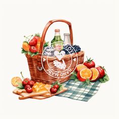 an illustration of a picnic basket with fruit and beverages