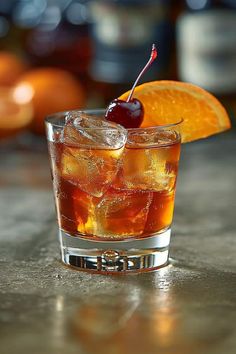 an orange slice is on the edge of a glass with ice and a cherry garnish