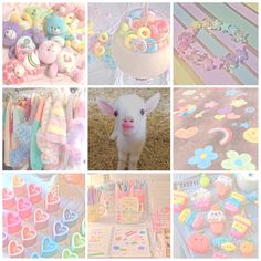 a collage of photos with various items and animals on them in pastel colors