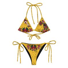 Stay comfortable and stylish all summer with this All-Over Print Recycled String Bikini set. It’s made from soft recycled polyester with double-layering and UPF 50+. Style the straps how you like, and get ready to swim! • Soft and stretchy material with UPF 50+ • Sizes up to 6XL • Bikini top comes with removable padding for comfort • Multiple ways to tie and style the bikini set • Color design options for swimwear lining Disclaimers: • Due to the 2-layered construction and internal stitching, a visible stitch may appear in the crotch seam of the bikini bottom. This is a normal part of the manufacturing process and does not impact the quality or performance of the product. • To make your All-Over Print Recycled String Bikini last longer, thoroughly rinse it off after each use and get rid of Adjustable T-back Swimwear For Summer, Summer String Swimwear For Swimming, String Swimwear For Summer Swimming, Yellow Swimwear With Adjustable Straps For Beach Party, Summer String Swimwear With Stretch, Yellow Swimwear With Adjustable Straps For Summer, Summer String Swimwear For Sunbathing, Yellow Beachwear Swimwear With Adjustable Straps, Adjustable T-back Swimwear For Festivals