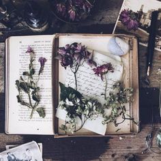 an open book sitting on top of a wooden table next to flowers and writing utensils