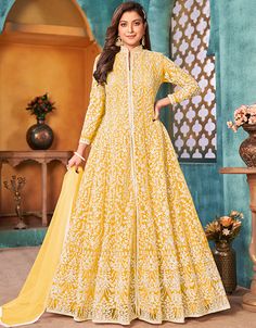 Yellow Satin Anarkali Anarkali Satin Anarkali, Indian Engagement, Sangeet Outfit, Indian Anarkali, Designer Anarkali Dresses, Look Festival, Gown Suit, Anarkali Dress Pattern, Salwar Kamiz