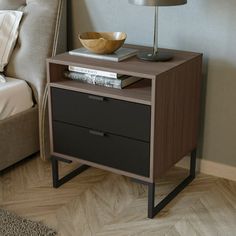 a night stand with two drawers and a lamp