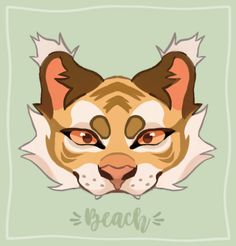 the face of a cat with brown and white markings on it's face, which reads beach