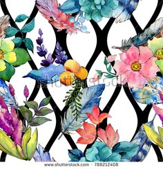 watercolor flowers and leaves on a black trellisl pattern, seamless background