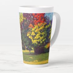 a painting of trees in the park on a coffee cup with white rim and bottom