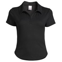 Fit: Fitted Neckline: Polo Collar Closure: Pullover Style Sleeves: Short Sleeves Material: 92% Polyester/8% Spandex Black Stretch Collared Top, Black Fitted Tops With Collared Neckline, Polo For Women, Black Polo, Polo Collar, No Boundaries, Pullover Styling, Boundaries, Short Sleeves