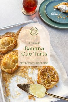 banana cue tarts on a plate with a spoon and glass of tea in the background