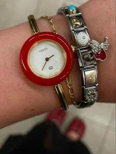 GUCCI Vintage Bezel Watch Red silverwatch Silver Italian Charm Bracelet, Unique Accessories Fashion, Vintage Bracelet Watch, Nomination Bracelet Charms, Italian Bracelet Charms, Nomination Bracelet Aesthetic, Italian Charm Bracelet Aesthetic, Watch Aesthetic Vintage, Watches Aesthetic