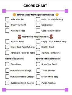 a checklist with the words chore chart on it and an image of a teddy bear