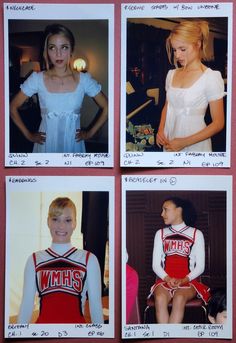 four pictures of young women in cheerleader outfits, one with blonde hair and the other with blue eyes