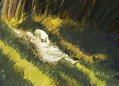 a painting of a woman laying in the grass with her head down and eyes closed