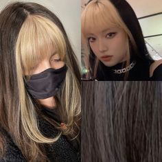 Hairdye Ideas With Bangs, Oreo Hair With Bangs, Dark Brown Hair Blonde Bangs, Blond Bangs Black Hair, Black Hair Colored Bangs, Black Hair With Blonde Bangs, Black Hair Blonde Bangs, Bleach Bangs, Hair Astethic