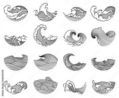 different types of waves in black and white on a white background, each with an individual's name