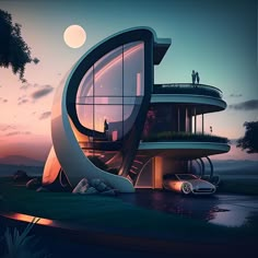 an artistic rendering of a futuristic house at night with the moon in the sky above