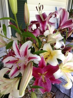 a vase filled with lots of pink and white flowers