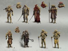 the concept art for an animated video game shows different types of people dressed in medieval clothing