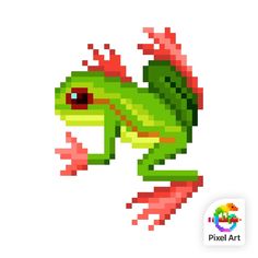 the pixel art frog is green and red