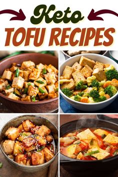 there are many different pictures of tofu in the pans and on the table