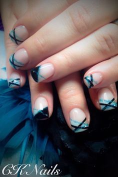 Teal And Black French Tip Nails, Black Teal Nails, Black And Teal Nail Designs, Angled French Tip Nails, Black And Teal Nails, Nails Gel Black, Hockey Nails, Teal Acrylic Nails